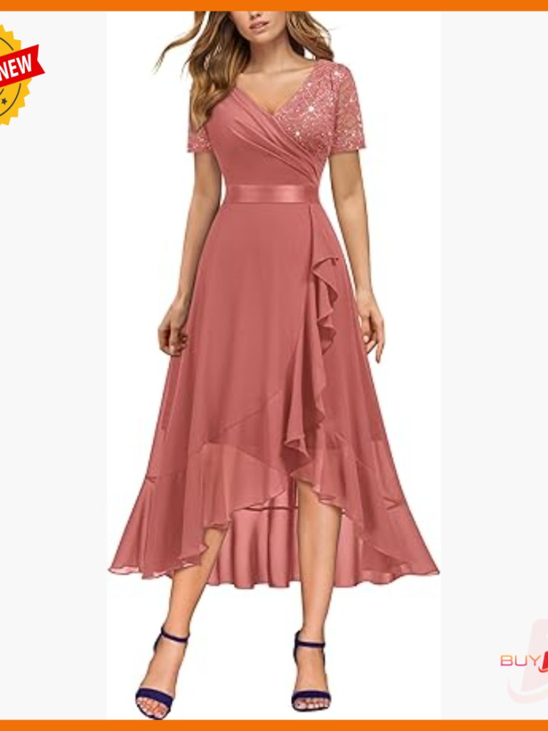 V-Neck Sequin Lace Chiffon Ruffle Split Evening Party Dress Formal